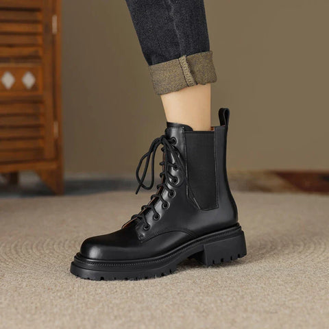 Sonicelife NEW Autumn Women Boots Split Leather Shoes for Women Round Toe Thick Heel Shoes Zipper Short Boots Casual Black Platform Boots