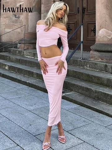 Sonicelife Women 2024 Spring Autumn Long Sleeve Crop Tops Long Skirts Two Piece Matching Sets Outfits Wholesale Items For Business