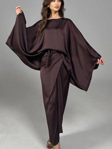 Sonicelife Eid women 2 Piece Set for woman Satin Bat Sleeve Shirt &Skirt Ramadan Woman Kimono Robe Caftan 2024 Musulman Ensembles suits