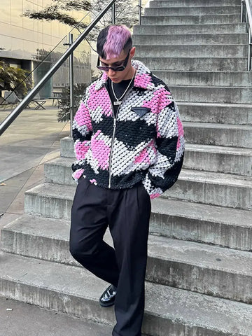 Back To School Sonicelife 2024 Fall Fashion  Male Contrast Knitted Coat For 2024 Autumn Winter Thicken Warm Long Sleeve Sweater Jackets Men's Fashion Lapel Zipper Outwear