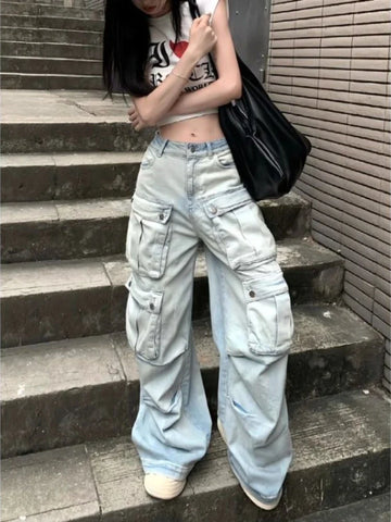 Sonicelife Street Vintage Multiple Pocket Denim Pants for Women 2024 Summer New Loose Wide Leg  Y2k E-Girl High Waist Straight Jeans