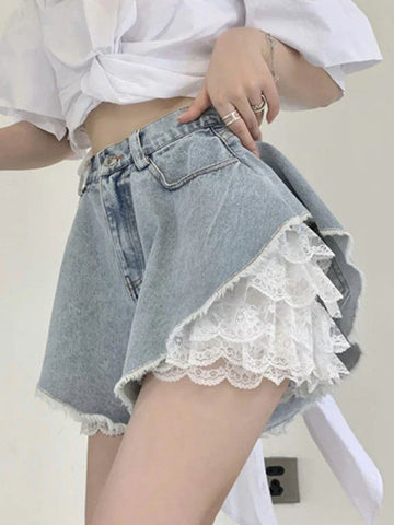 Back To School Sonicelife Blue Lace Denim Shorts Women Y2k Fashion Loose High Waist Korean Style Causal A-line Jeans Streetwear Retro Summer Pants