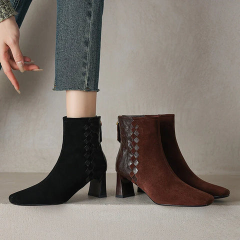 Sonicelife NEW Autumn Women Boots Sheep Suede Leather Shoes for Women Square Toe Chunky Heel Shoes Zipper Modern Boots Weave Handmade Shoes