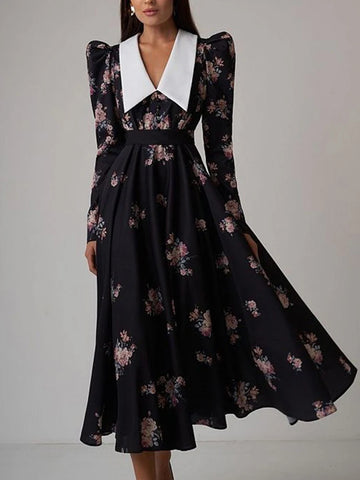 Sonicelife Aynaray 2024 Winter Spring Women Chic France Midi Dress Floral Printed Long Sleeve V-neck A-Line Flare Long Dress Female