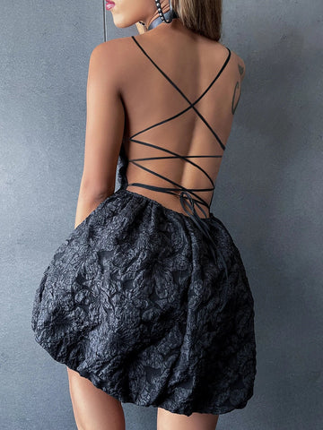 Sonicelife Women's Gothic Dark Style Suspender A-Level Textured Fabric Dress Strappy Backless  Skirt