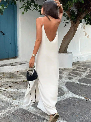 Back To School Sonicelife Summer Women Backless Sling Dress Sexy Loose V Neck Sleeveless Split Maxi Dresses 2024 New Female Beach Vacation Party Robes