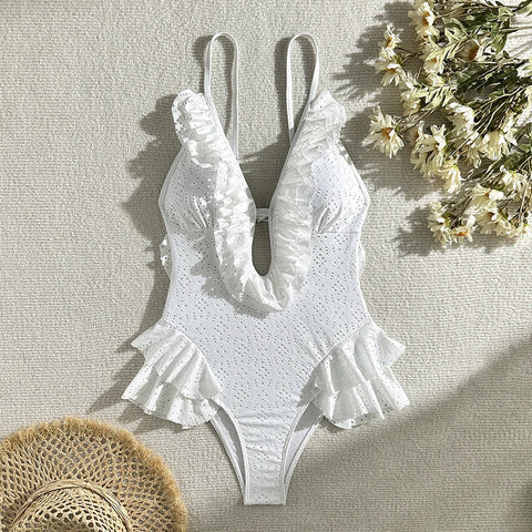 Black Friday Sonicelife Summer New White Body Suit One Piece Swimsuit Bikini For Women Sexy Deep V-Neck Backless Lace Patchwork Bodycon Outfits