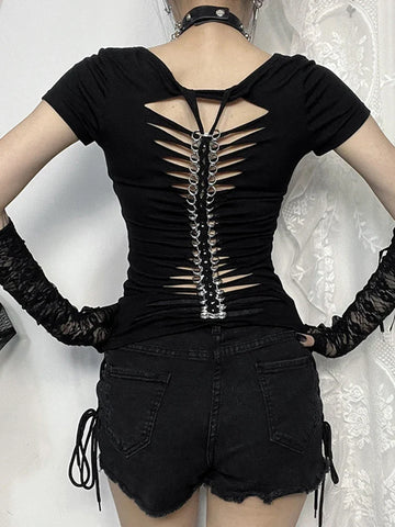 Sonicelife Women's Gothic Directional Design Tops New Punk Style Back Hollow Metal Receiving Short Sleeve T-Shirt
