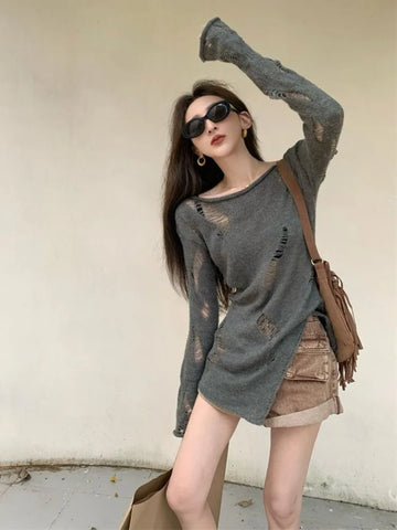 Black Friday Sonicelife Grey Hole Knitted Sweater Women Irregular Hollow Out Long Sleeve Pullover Autumn Fashion Design Y2k Aesthetic Clothes