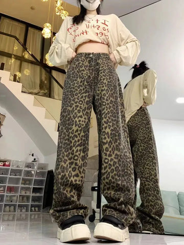 Sonicelife Vintage Street Leopard Print Straight Jeans for Women Y2k High Waist All-match Denim Pants 2024 New Loose Wide Leg Pants