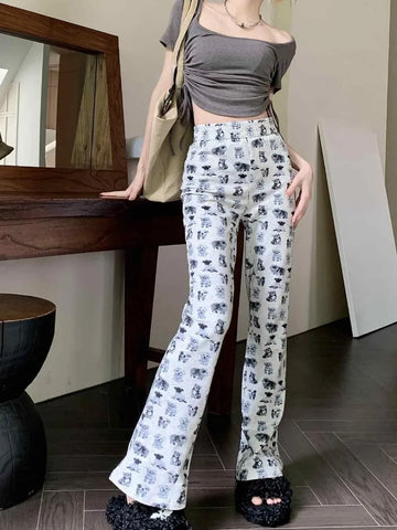 Sonicelife Casual Wide Leg Pants American Vintage Cat Dog Overall Print Sweatpants Women Y2k Loose High Waist Summer Trousers Fashion