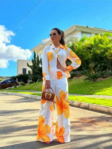 Sonicelife Floral Shirt and Wide Leg Pants Set