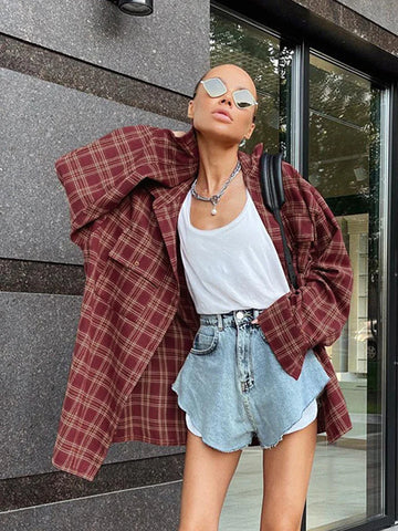 Sonicelife 2024 Autumn Winter Women Casual Oversized Plaid Shirt Long Sleeve Ladies Tops Loose Fit Long Blouse For Woman