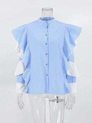 Sonicelife Aynaray 2024 Autumn Winter Women Elegant Striped Blue Shirt Casual Long Sleeve Ruffles Blouse Female