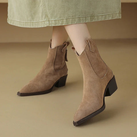 Sonicelife NEW Autumn Women Boots Cow Suede Leather Shoes for Women Pointed Toe Chunky Heel Shoes Concise Black Boots Zipper Western Boots