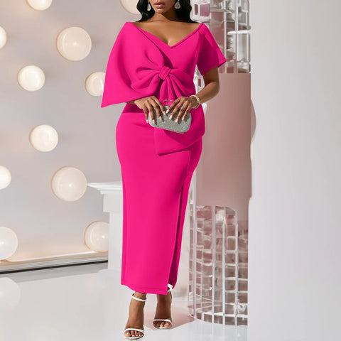Sonicelife Evening Dresses for Women Party Long Dress Sexy Slim Fit Tight Waist Bows Splicing V Neck Solid Colour Split Vestidos Summer