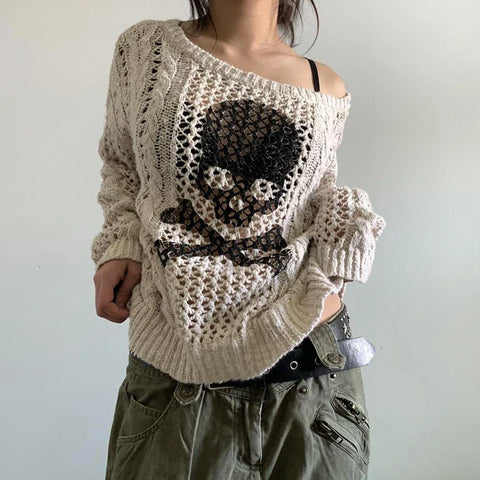 Sonicelife 2024 Fall Fashion Harajuku Grunge Y2K Aesthetics Retro Jumpers Skeleton Print Hollow Out Knitted Sweater Autumn Full Sleeve Pullovers Korean