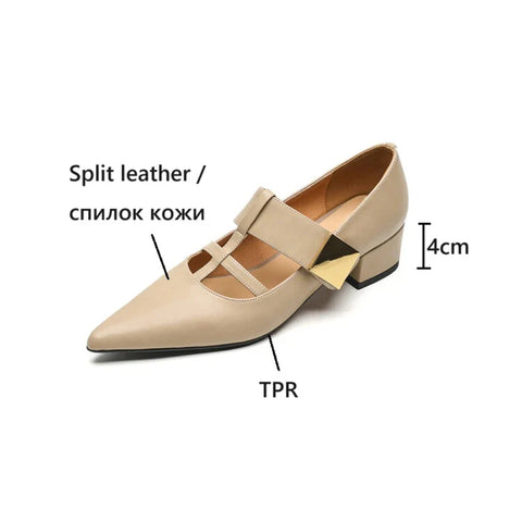 Sonicelife NEW Spring/Autumn Women Pumps Split Leather Shoes for Women Pointed Toe Chunky Heel Shoes Metal Buckle Mary Janes Handmade Shoes
