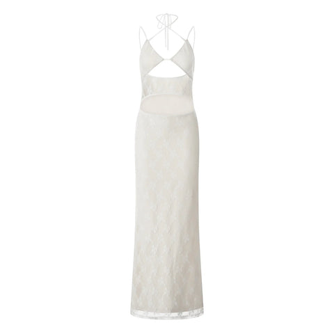 Sonicelife- Women's Sexy Lace Sleeveless Spaghetti Strap Front Hole Cutout Bodycon Backless Elegant Party Maxi Long Dress
