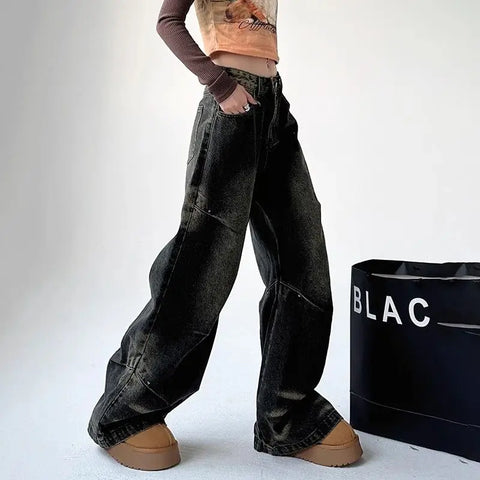 Sonicelife New American mid-waist women jeans Y2k autumn and winter retro high street loose trendy brand couple wide leg pants