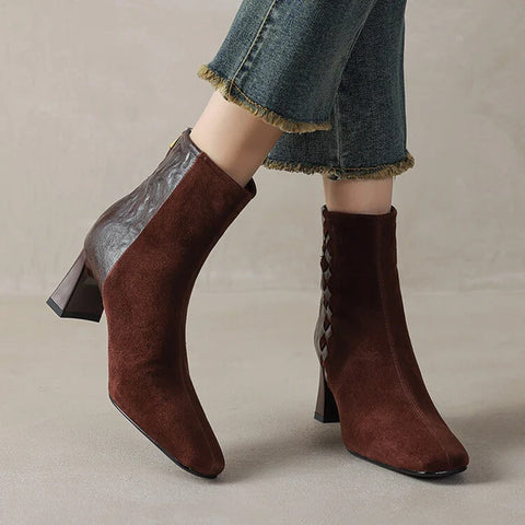 Sonicelife NEW Autumn Women Boots Sheep Suede Leather Shoes for Women Square Toe Chunky Heel Shoes Zipper Modern Boots Weave Handmade Shoes