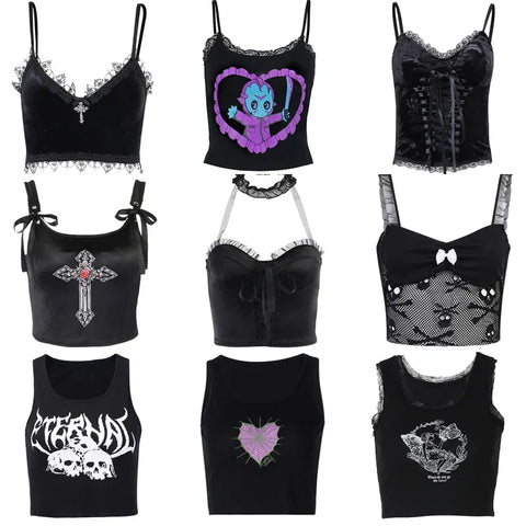 Sonicelife Harajuku Grunge Corset Crop Top Lace Trim Sleeveless Tank Top Gothic Black Emo Alt Clothes y2k Punk Vest Women Streetwear