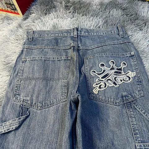 Sonicelife JNCO Crown Graphic Embroidery Retro Wash Jeans Y2k Punk High Waist Blue Denim Pants Gothic Men Women Straight Leg Trousers