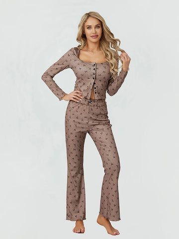 Sonicelife Spring Fall Two-Piece Lounge Wear Sets Female Casual Pajamas Sets Long Sleeve Buttons U-Neck Cardigan Crop Tops and Flare Pants