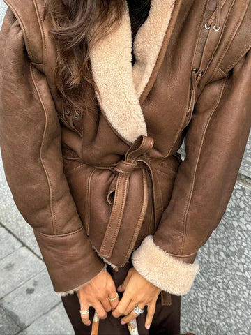 Sonicelife Elegant Irregular Hem Plush Lapel Coats Fashion Lace Up Pocket Long Sleeved Women's Jacket 2024 Autumn Winter New Warm Outwear