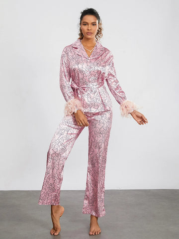 Sonicelife Women’s Pajama Sets Floral Print Satin Lounge Wear Outfit Spring Summer Feathers Trim Long Sleeve Kimono Robe Tops+Pants