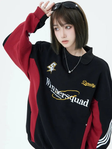 Black Friday Sonicelife Patchwork Embroidery Hoodies Women Oversize Streetwear Harajuku Sweatshirts Sport Long Sleeve Turn-down Collar Kpop Tops