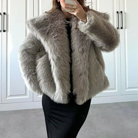 Sonicelife Warm Winter Long Sleeve Lapel Collar Coat Outwear Women Faux Fur Coat Elegant Lady Fashion Jacket 90s Vintage Y2K Streetwear