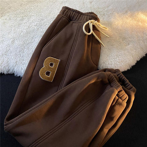 Sonicelife Letter Embroidery Woman Pants High Street Retro Loose Flocking Sweatpants Women Casual All-match Beam Feet Women Bottoms Pants