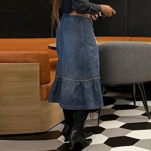 Sonicelife Women Skirts Denim Solid Color Vestidos Draw String Slim Party Dress Flounced Edge Sexy Wrap Buttocks High Street Patchwork