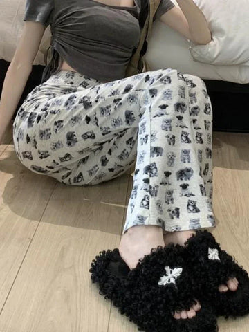 Back To School Sonicelife Y2k Kawaii Cat Print Flared Pants Women Cute Dog Graphic Sweatpants Japanese Harajuku High Waist Bell Bottoms Trousers