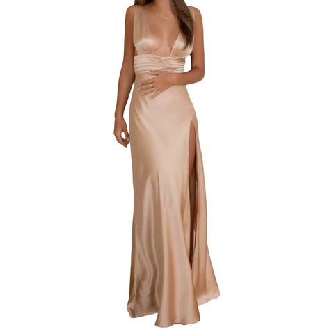 Sonicelife-Women Evening Party Deep V Neck Solid Color Low-Cut Sleeveless Cocktail Dress Summer Backless High Slit Long Dress