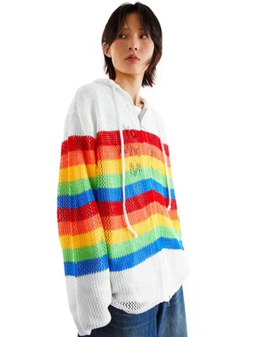 Black Friday Sonicelife Y2k Colorful Stripes Zip Up Hoodies Women Hollow Out Knitted Oversized Sweatshirts Streetwear Fashion Hip Hop Tops Coat