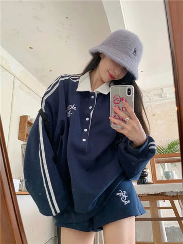 Black Friday Sonicelife Striped Patchwork Hoodies Women Navy Turndown Collar Oversized Sweatshirt Sporty Chic Autumn Korean Uniform Clothes Chic