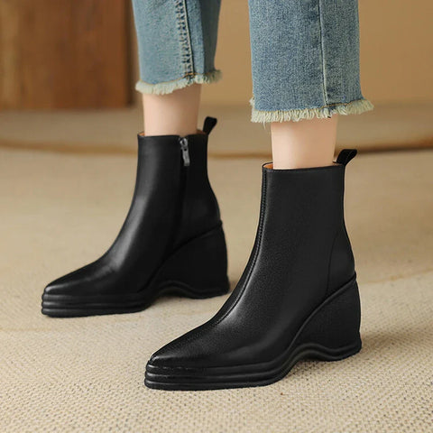 Sonicelife NEW Autumn Women Boots Genuine Leather Shoes for Women Pointed Toe Wedges Shoes Zip Ankle Boots Concise High Heel Modern Boots