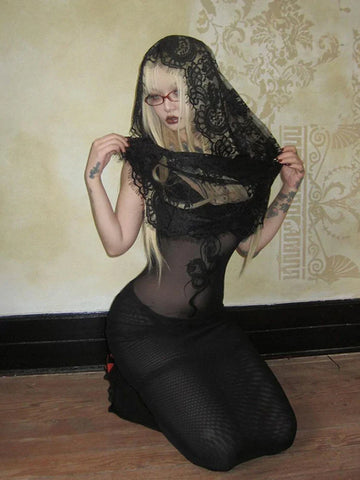 Sonicelife Women's Gothic Dress Long New Fashion Diablo Style Music Festival Holiday Party Slightly Transparent Mesh Dresses