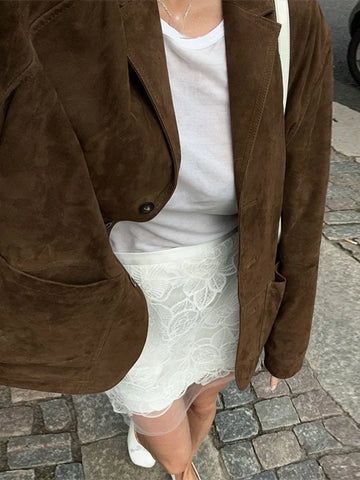 Sonicelife Women's Single Breasted Pocket Lapel Collar Coats Long Sleeved Solid Color Casual Suede Jackets High Street Commuting Outerwears