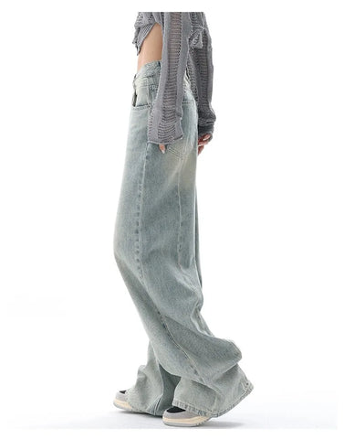 Sonicelife Full Length Women Jeans Vintage Distressed Wide Leg Pants Denim Wash Loose Fit 2024 Summer Pockets Solid Spliced High Waist