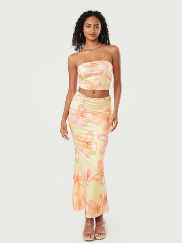 Sonicelife Boho Summer Floral 2Pieces Dress Sets Women Ladies Strapless Crop Tube Tops and Fishtail Long Skirts for Beach Party