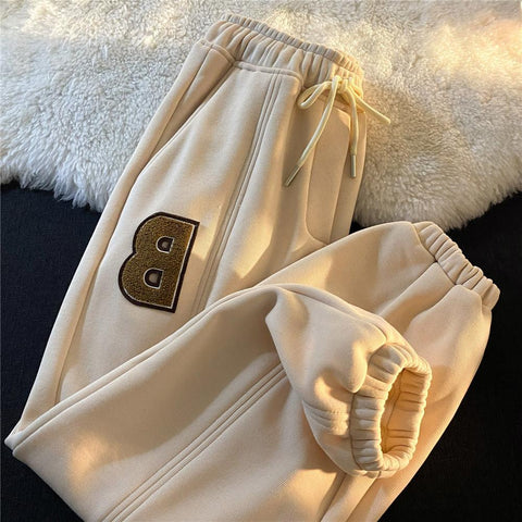 Sonicelife Letter Embroidery Woman Pants High Street Retro Loose Flocking Sweatpants Women Casual All-match Beam Feet Women Bottoms Pants