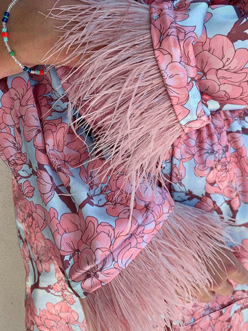 Sonicelife 2024 Women Homewear Sleepwear Pajamas Sets Floral Printed Spliced Feathers Long Sleeve Sleep Tops Shorts Sets