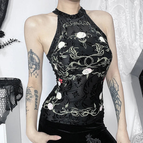 Sonicelife Women's Gothic Tops New Fashion Vest Punk Solid Color Print Music Festival New Chinese Print Flocked Lace Hanging Neck Top