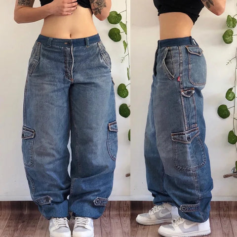 Sonicelife Street Vintage Jeans New Y2K Harajuku Wash Blue Multiple pockets Baggy Jeans Denim Pants Mens Womens High Waist Wide Trousers