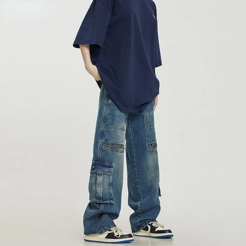 Sonicelife American Tide Brand Retro Washing Old Multi-pocket Tooling Jeans Y2K New Fashion Loose Straight Casual Jeans For Men And Women