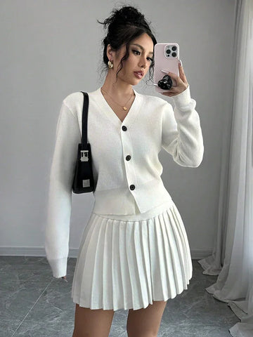 Black Friday Sonicelife Retro Knitted Long Sleeve Sweater High-Waisted Pleated Skirt Two Piece Set For Women Niche Solid Matching Sets Autumn New