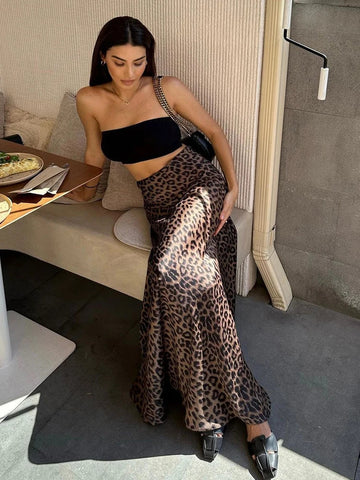 Sonicelife 2024 Spring Summer Women Sexy Maxi Leopard Skirts High Waist Flare Long Skirt For Women